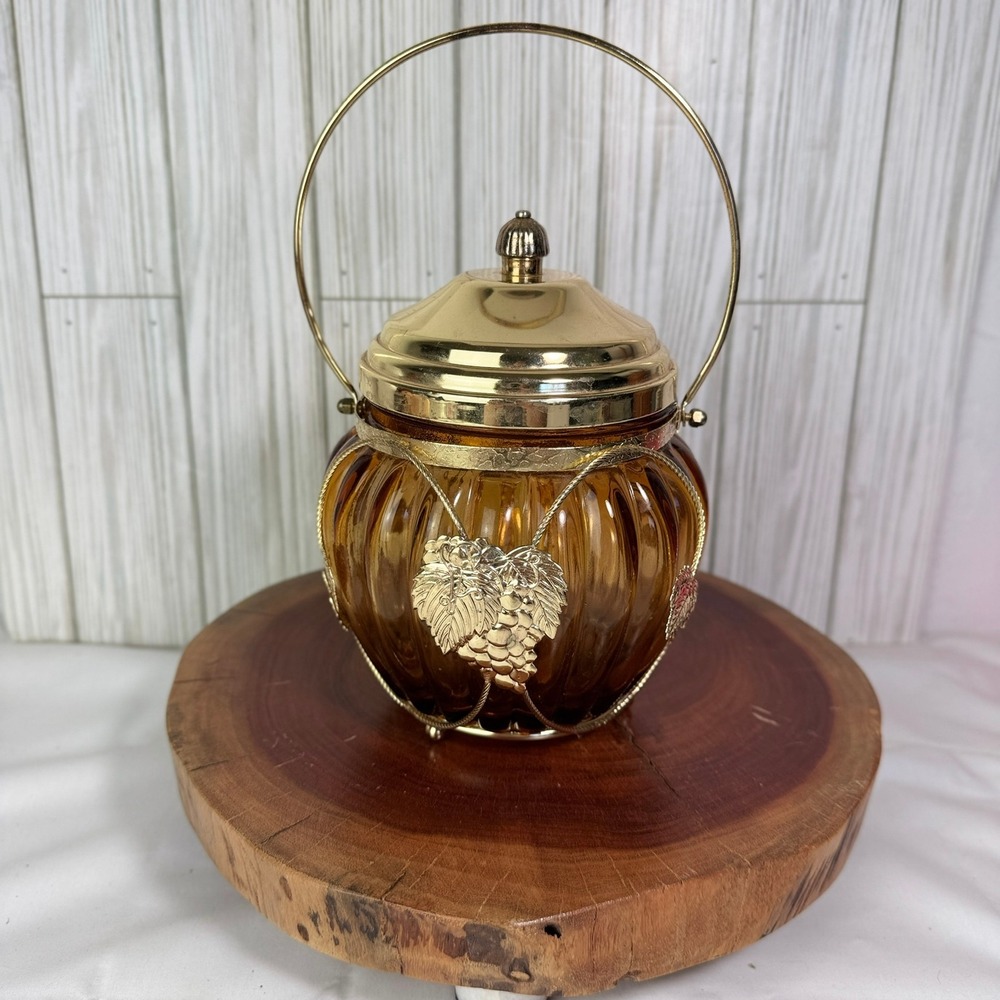 Vintage Amber Glass Musical Biscuit Jar Swan Lake Japan Gold Grape Filigree